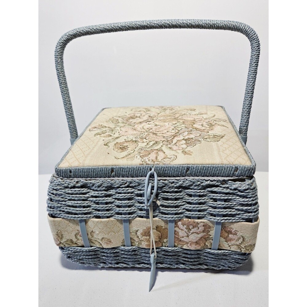 Woven Wicker Floral Tapestry Large Satin Lined Sewing Basket 11.5" X 11" X 10"